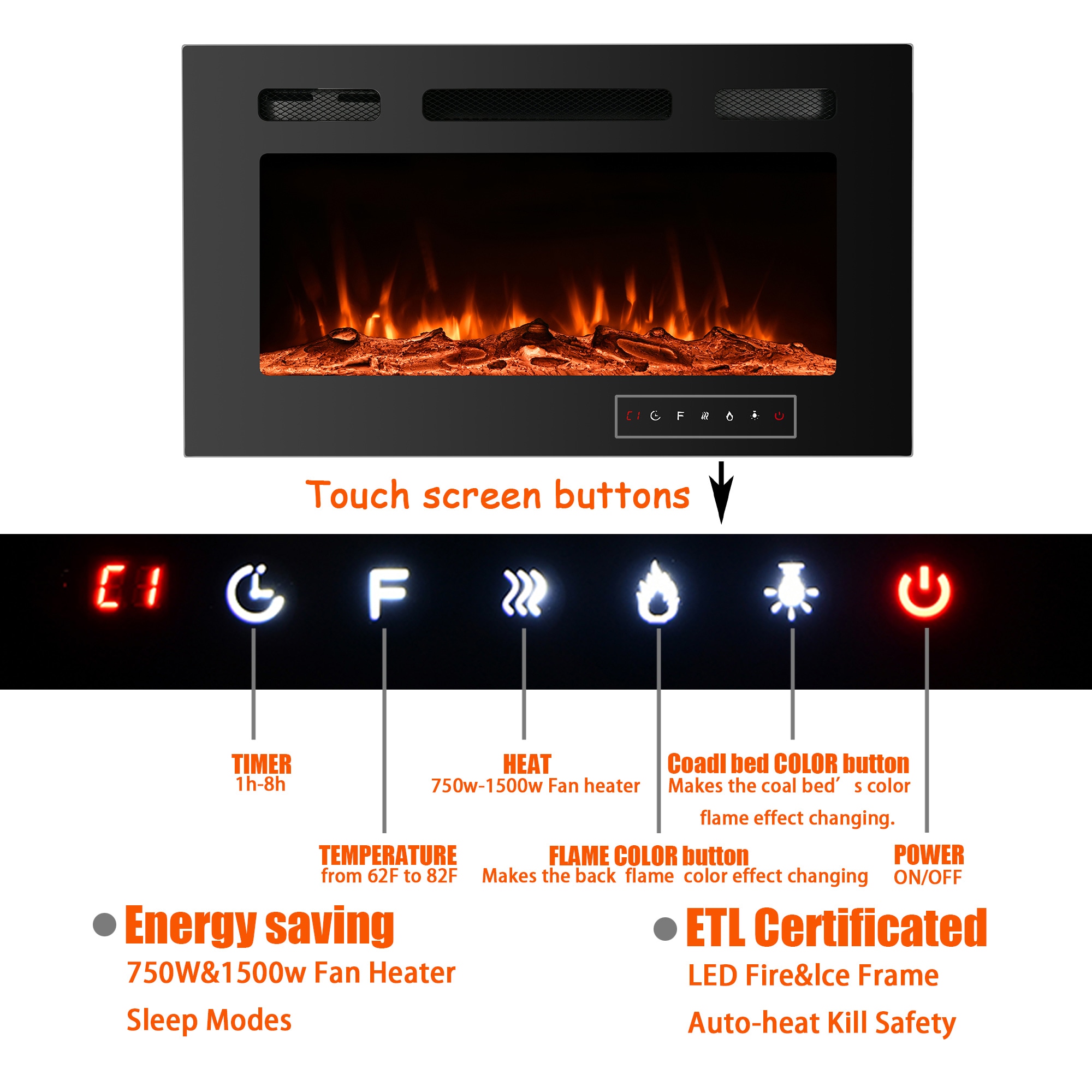36-Inches W Black Wall mount LED Wall-mount Electric Fireplace with Remote Control Included - Image 4