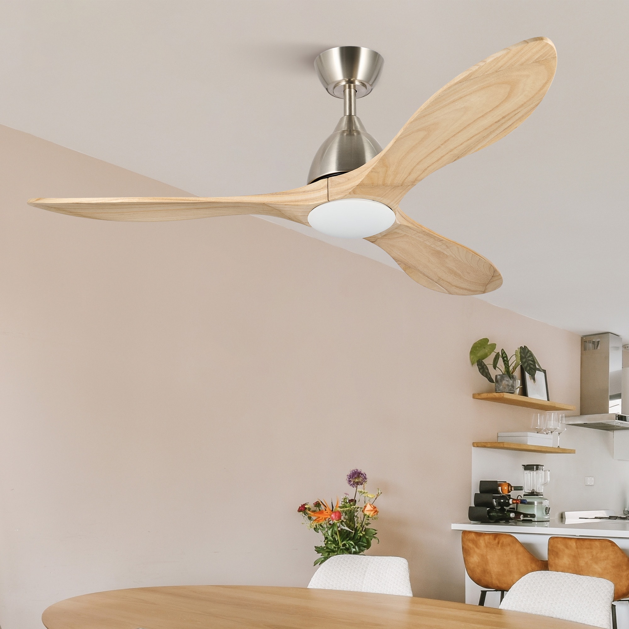 52-in Color-Changing Integrated LED Smart Nickel with Natural Wood Blades Propeller Ceiling Fan With Light - Remote Included ( 3 -Blade )