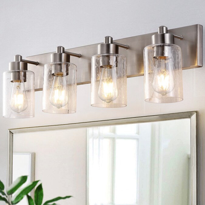 JONATHAN  Y Irving Iron/Seeded Glass Glam Transitional 27.75-in 4-Light Polished Nickel LED Modern/Contemporary Vanity Light