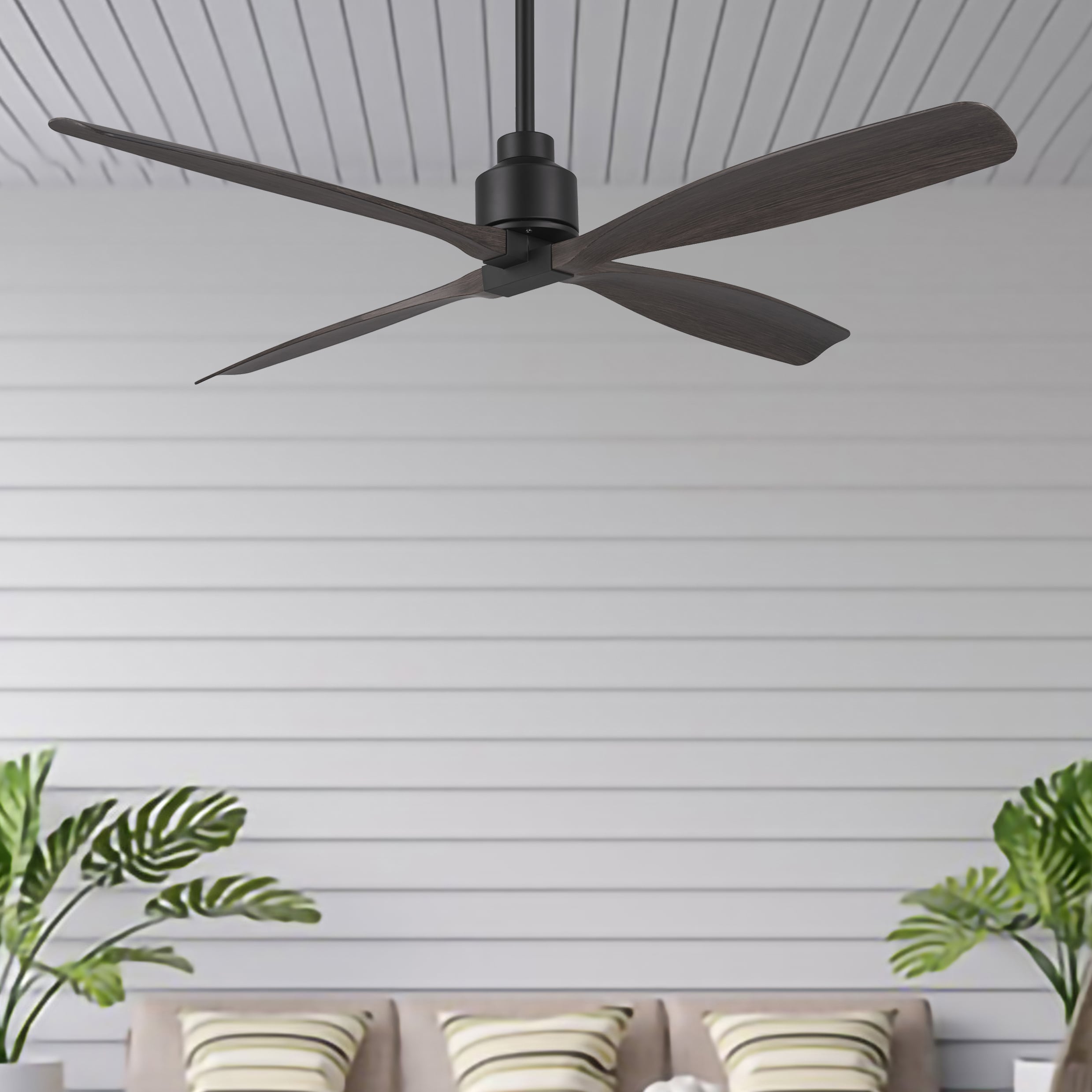 Shorehaven 56-in Outdoor Matte Black with Dark Teak Blades Ceiling Fan Without Light - Remote Included ( 4 -Blade )