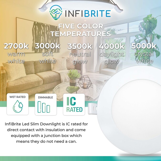 Infibrite Canless Slim Round Recessed 6-Pack 4-in LED Remodel or New Construction White Airtight Ic Baffle Canless Recessed Light Kit - Image 2