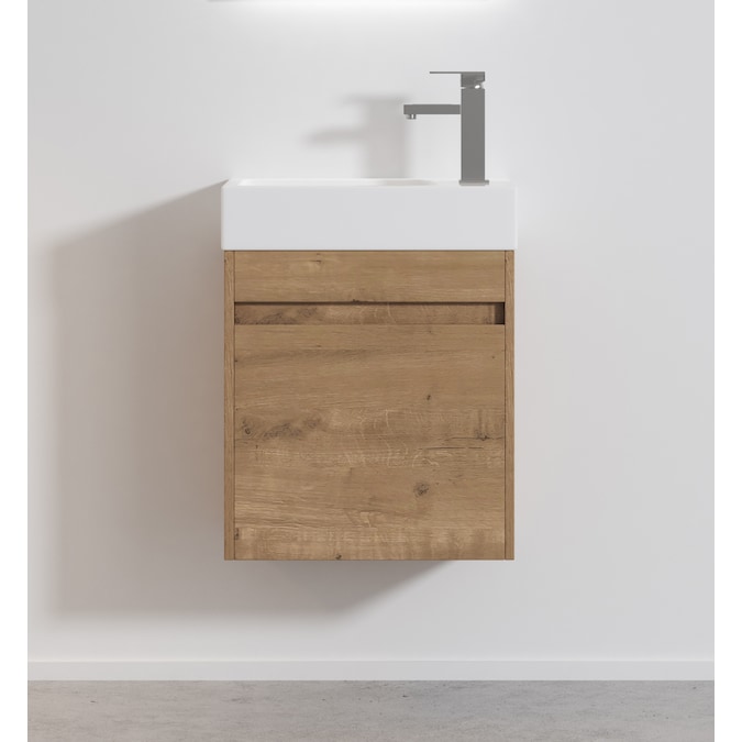 Forclover Floating Soft-Closing 18-in Imitative Oak Single Sink Floating Bathroom Vanity with White Cultured Marble Top