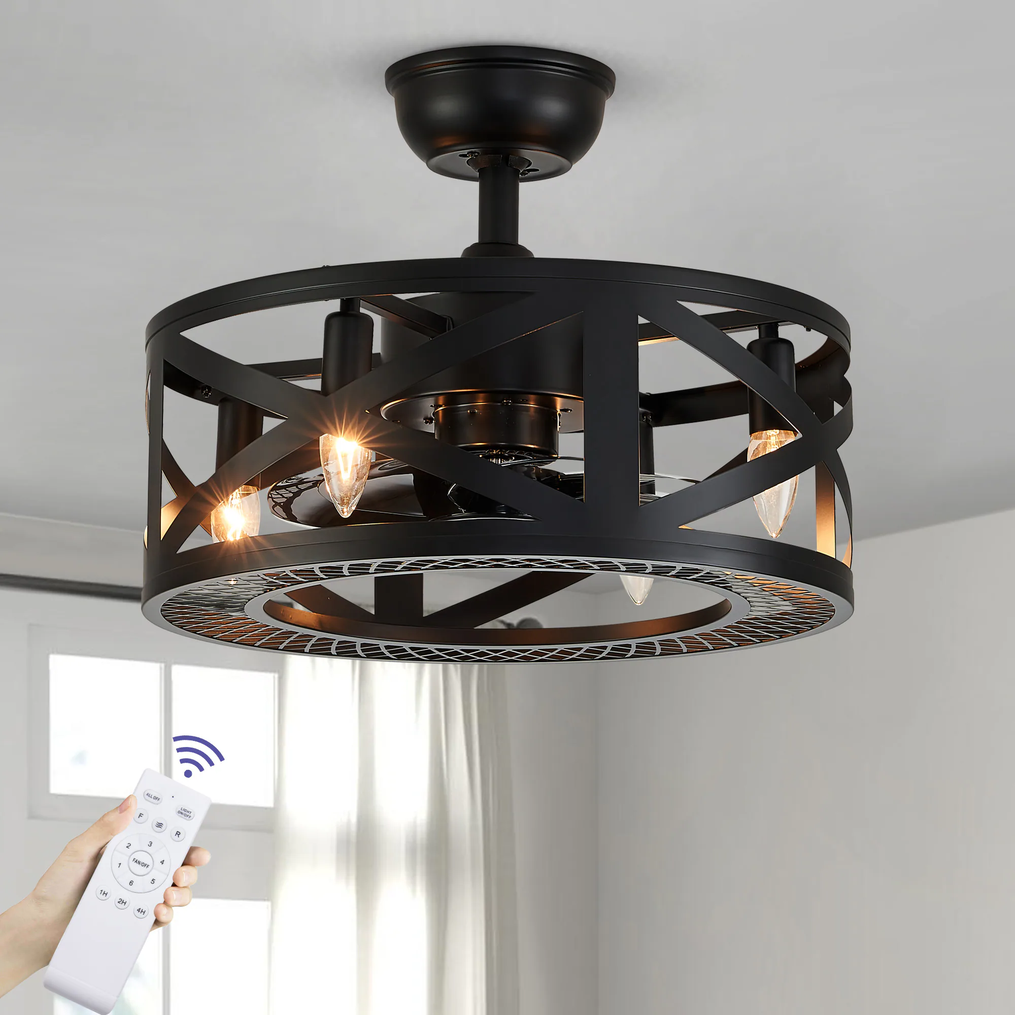 18-in Caged Black Modern Industrial with Matte Black Blades Ceiling Fan With Light - Remote Included ( 8 -Blade )