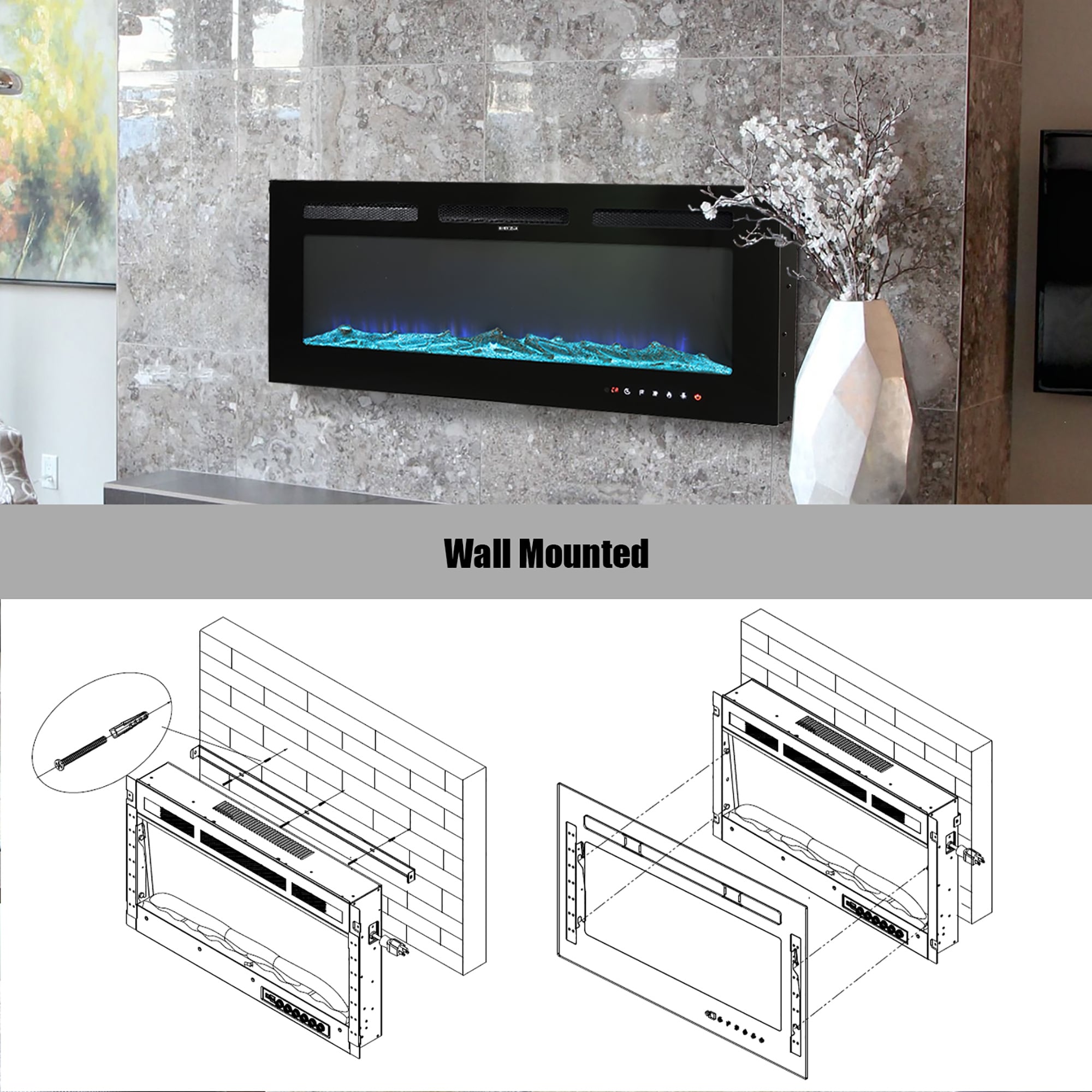 36-Inches W Black Wall mount LED Wall-mount Electric Fireplace with Remote Control Included - Image 8