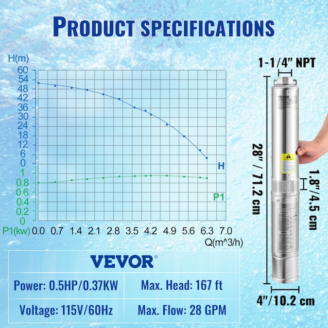 VEVOR 1/2-HP 115-Volt 28-GPM Stainless Steel Submersible Well Pump - Image 8