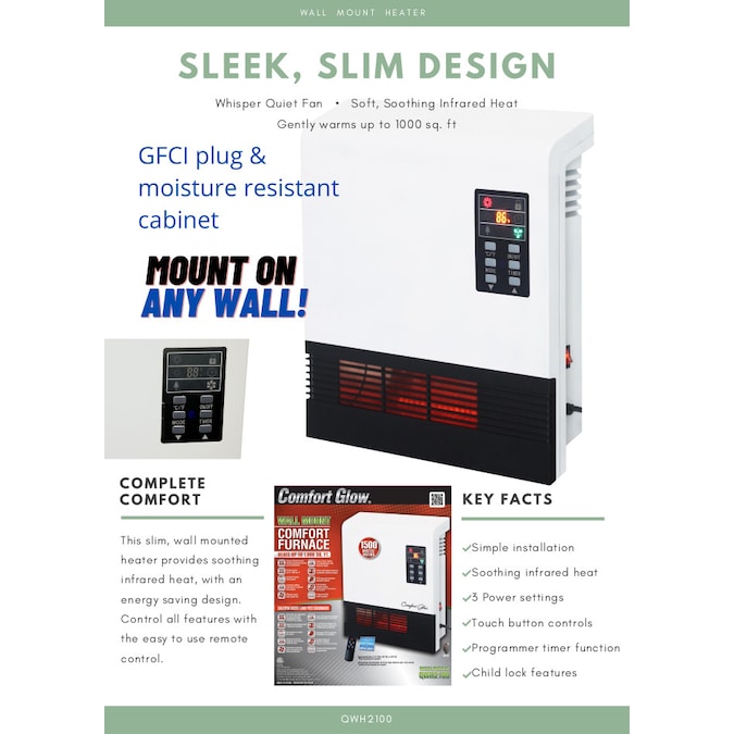 Comfort Glow Up to 1500-Watt Infrared Quartz Wall Mount Indoor Electric Space Heater with Thermostat and Remote Included - Image 8