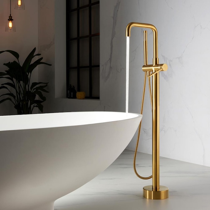 Vinnova Delara Brushed Gold 1-handle Freestanding High-arc Bathtub Faucet with Hand Shower