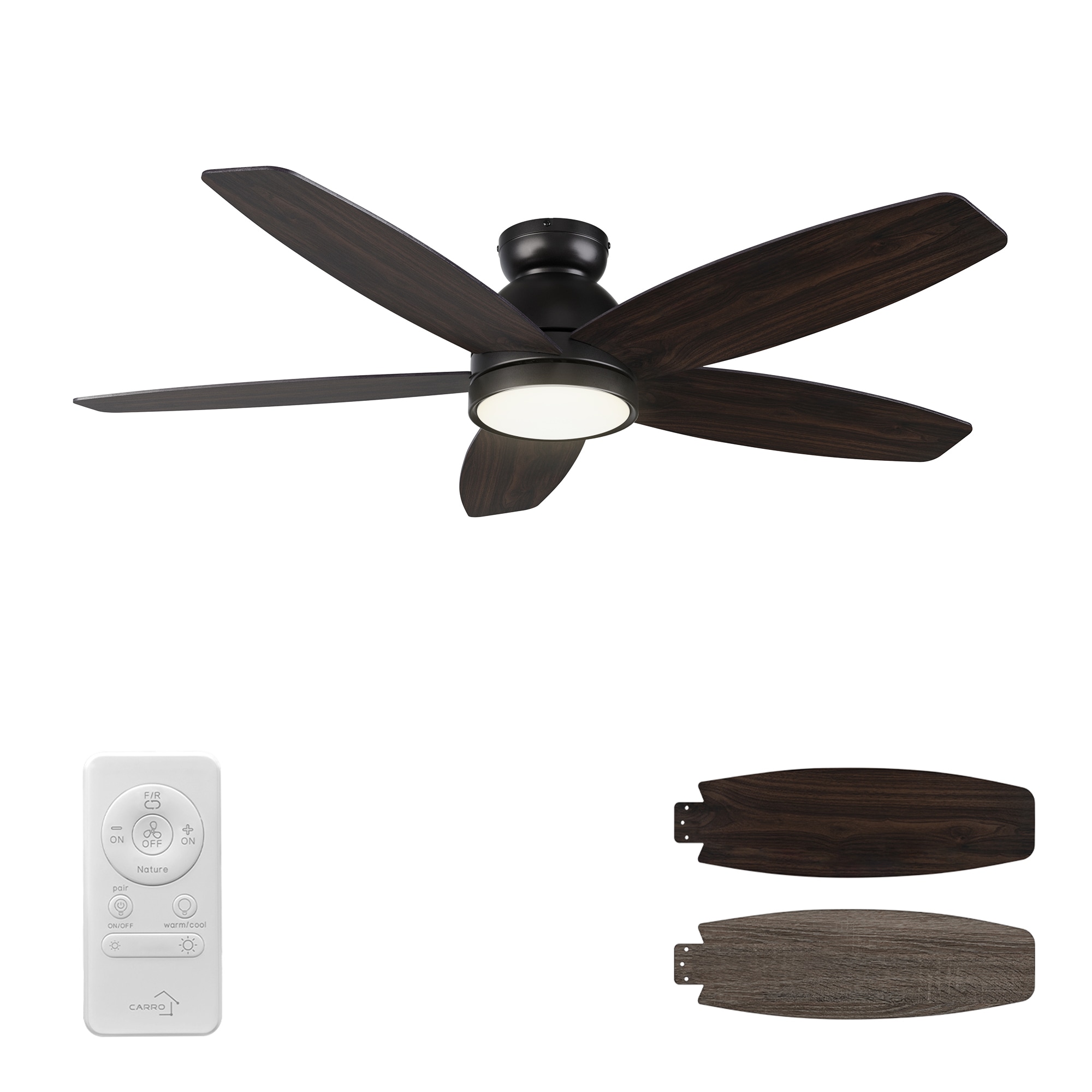 Povjeta 52-in Integrated LED Flush Mount Black with Wooden/Walnut Blades Ceiling Fan With Light - Remote Included ( 5 -Blade )