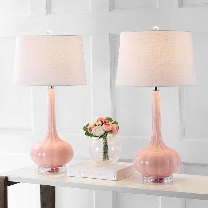 JONATHAN  Y Bette Glass Teardrop Contemporary/Transitional 28.5-in Pink Led, Rotary Socket Table Lamp with Linen Shade (Set of 2)