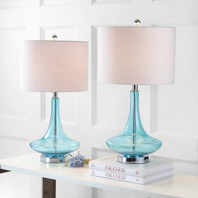 JONATHAN  Y Cecile Glass Teardrop Contemporary/Transitional 25.5-in Aqua Led, Rotary Socket Table Lamp with Linen Shade (Set of 2)