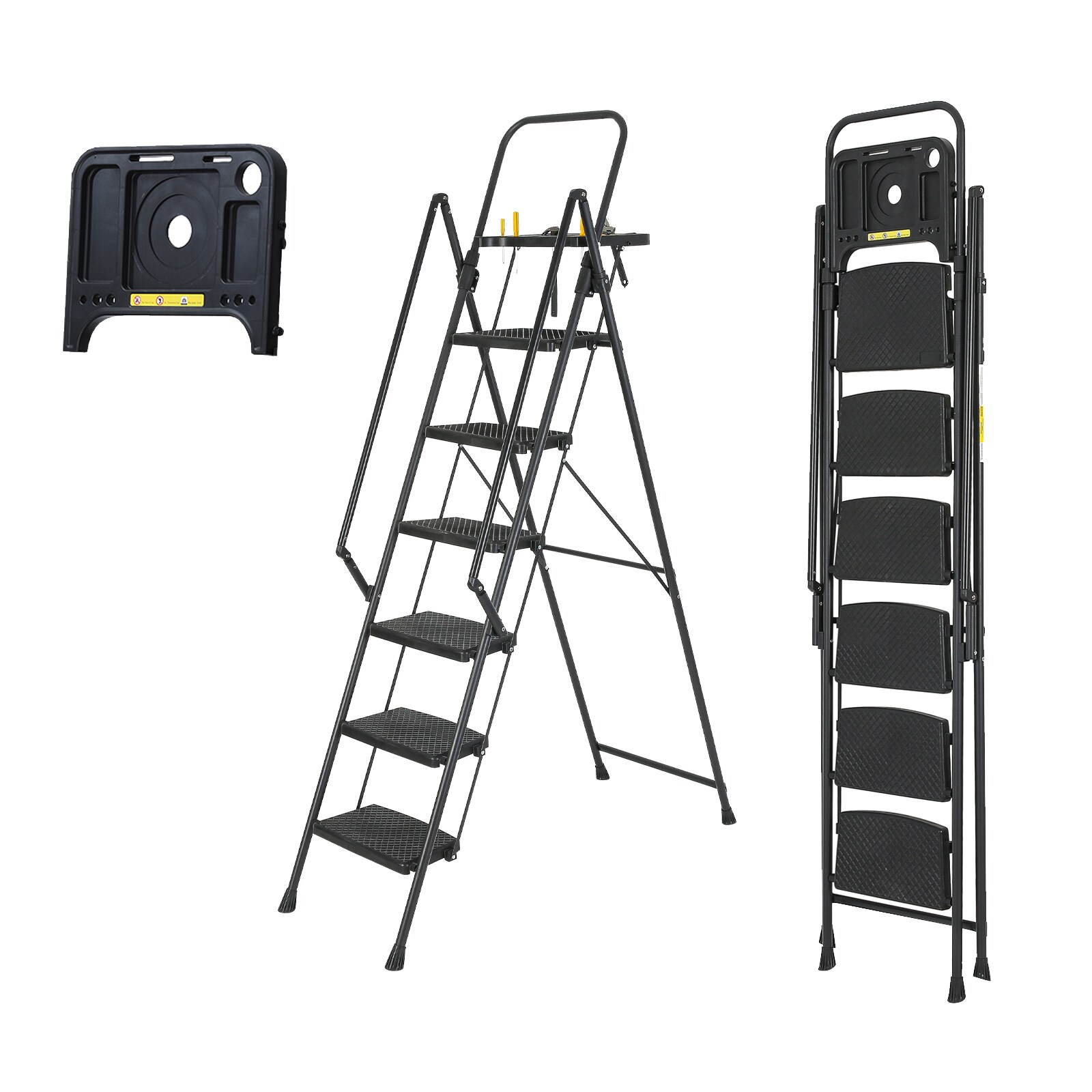 6 Step Ladder 6 -Step 500-lb Capacity Black Steel Foldable Step Stool