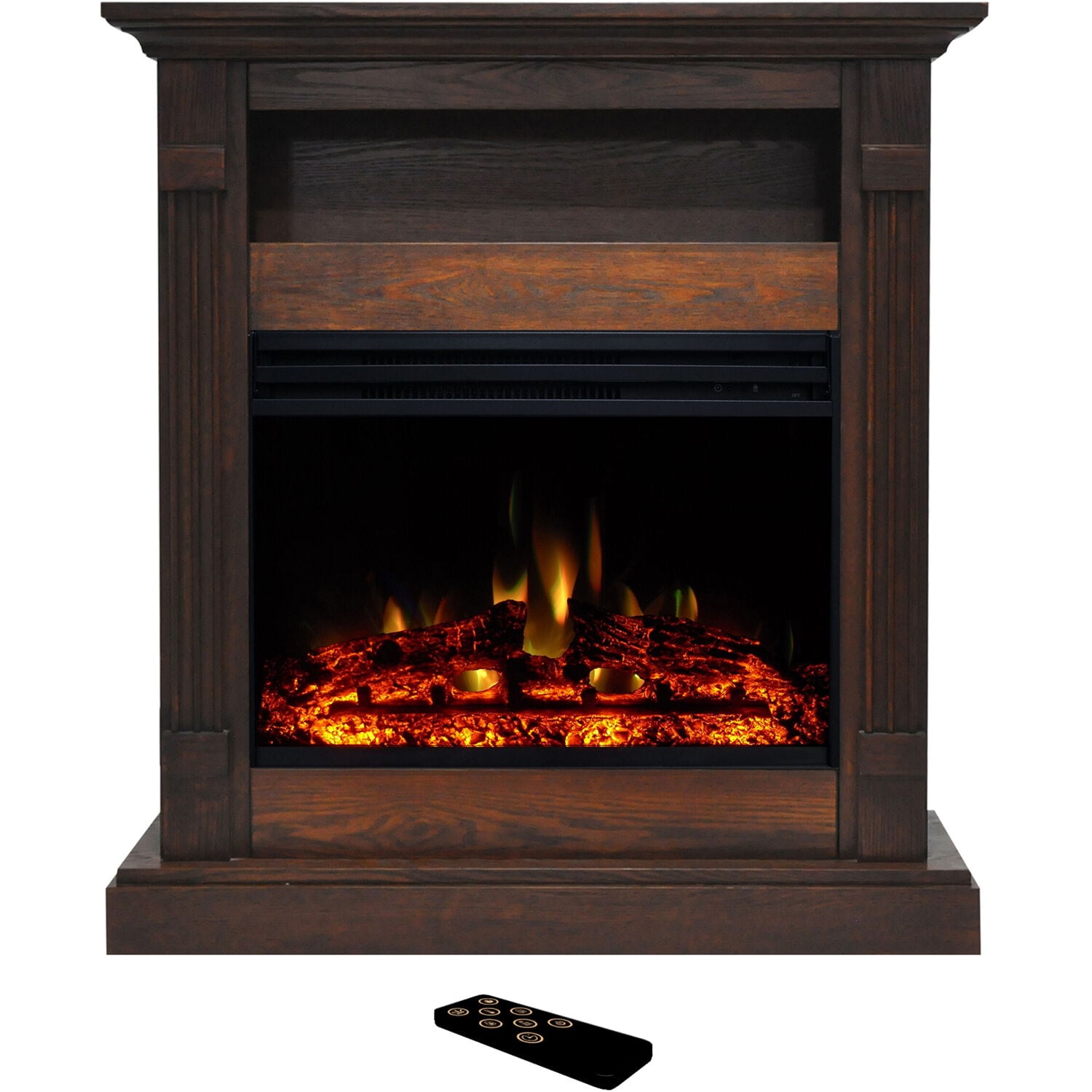 33.9-in W Walnut Free standing Fan-forced Flat wall Electric Fireplace with Remote Control Included