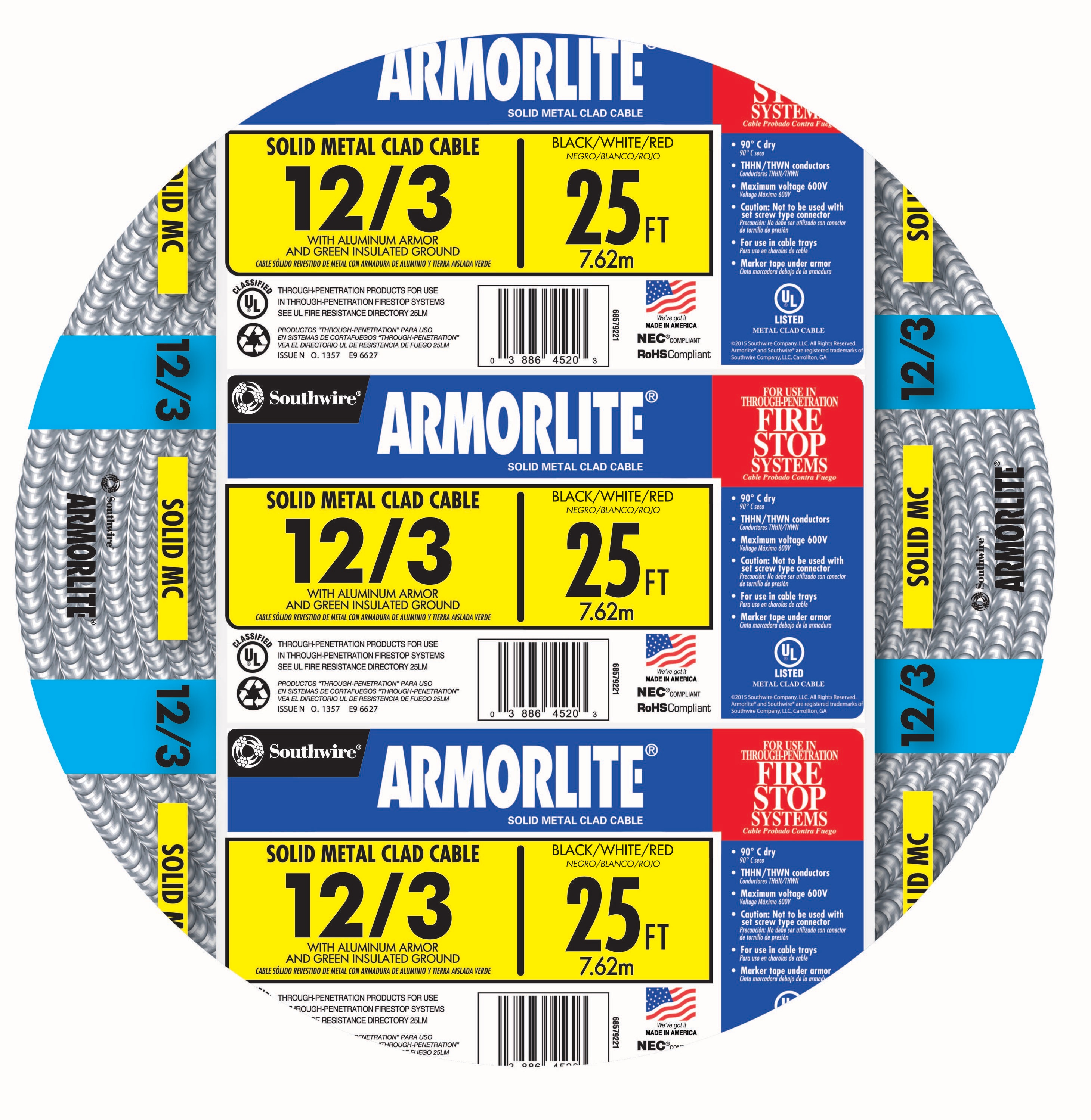 Armorlite 25-ft 12 / 3 Solid Aluminum MC (Metal Clad) Cable