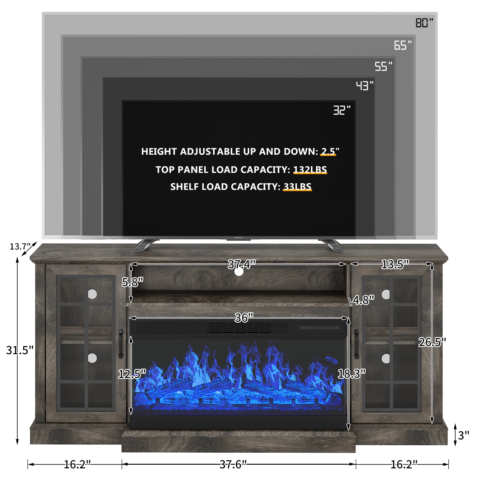 70-Inches W Gray TV Stand with LED Flat wall Electric Fireplace with Remote Control Included - Image 6