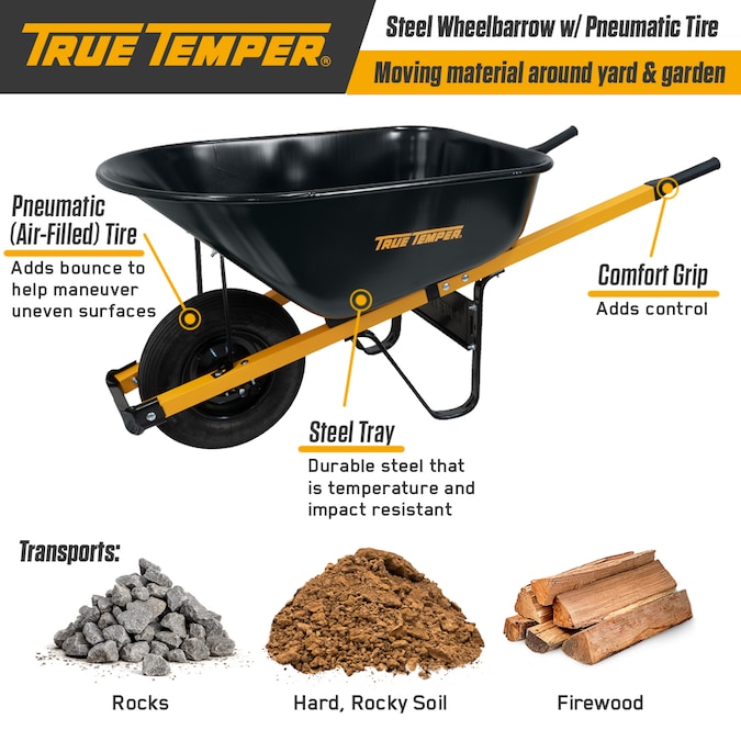 True Temper 6-cu ft 1 Wheel Steel Push Wheelbarrow - Image 6