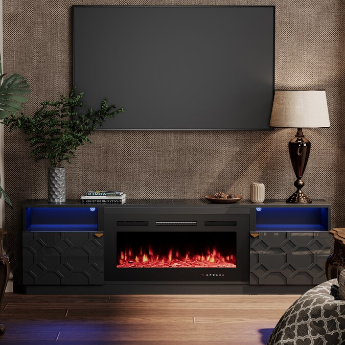 Clihome 70.08-in W Black TV Stand with Fan-forced Flat Wall Electric Fireplace with Remote Control Included