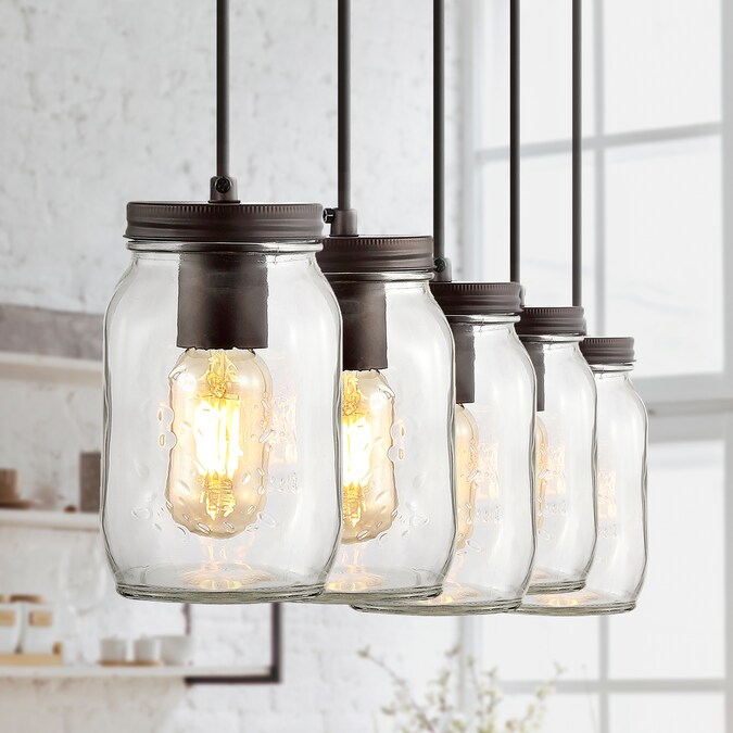 JONATHAN  Y Gaines 33.25" Iron Mason Jar Industrial 5-Light Oil Rubbed Bronze Farmhouse Marbleized Glass Jar LED Large Hanging Pendant Light