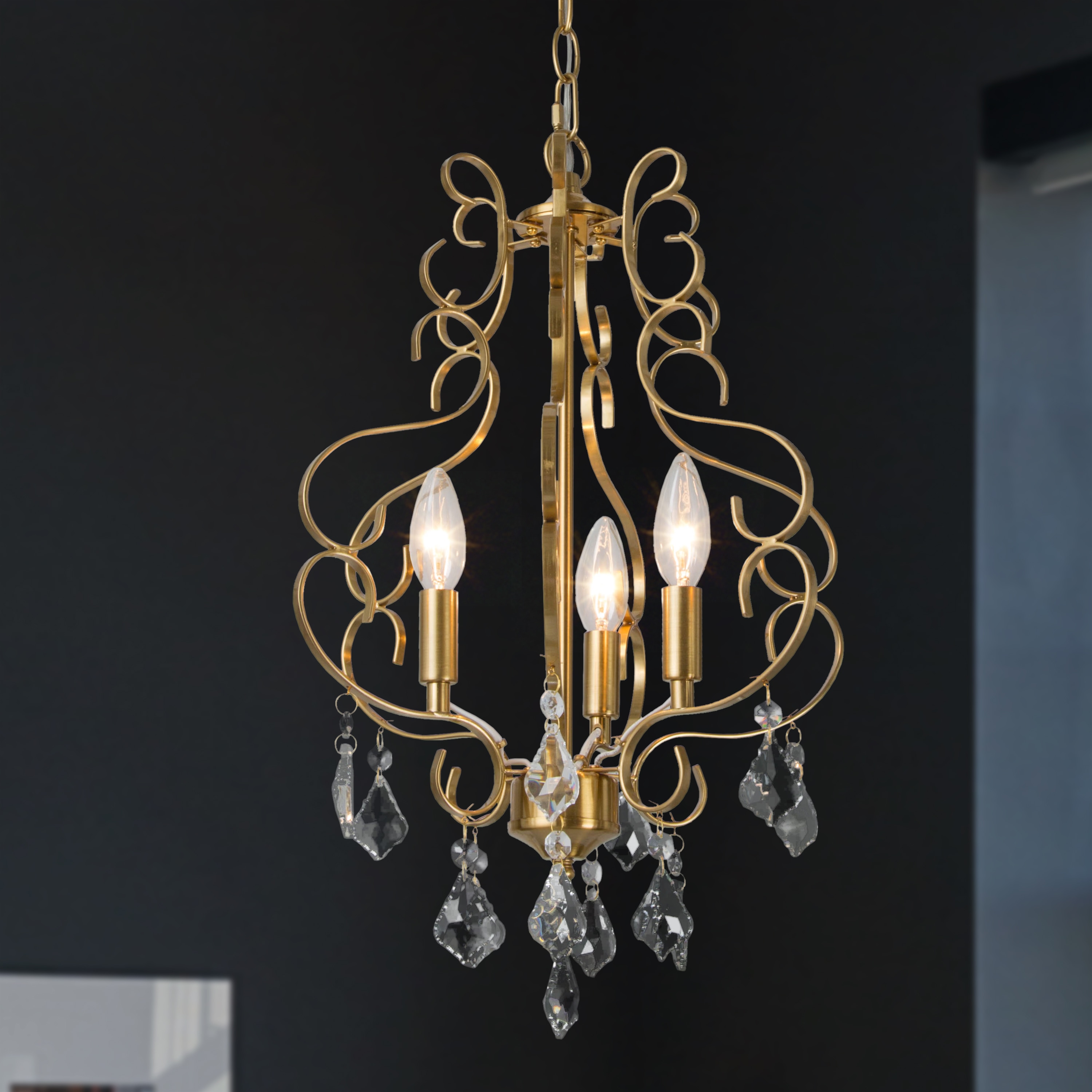 Graceful 3 -Light Gloss Gold Modern/contemporary Crystal For Use in Bedrooms, Dining Rooms, Foyers, Kitchens, Living Rooms Chandelier