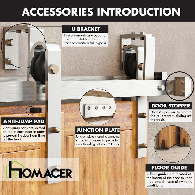 HOMACER 144-in Brushed Nickel Indoor J-strap Double Bypass Barn Door Hardware Kit - Image 6