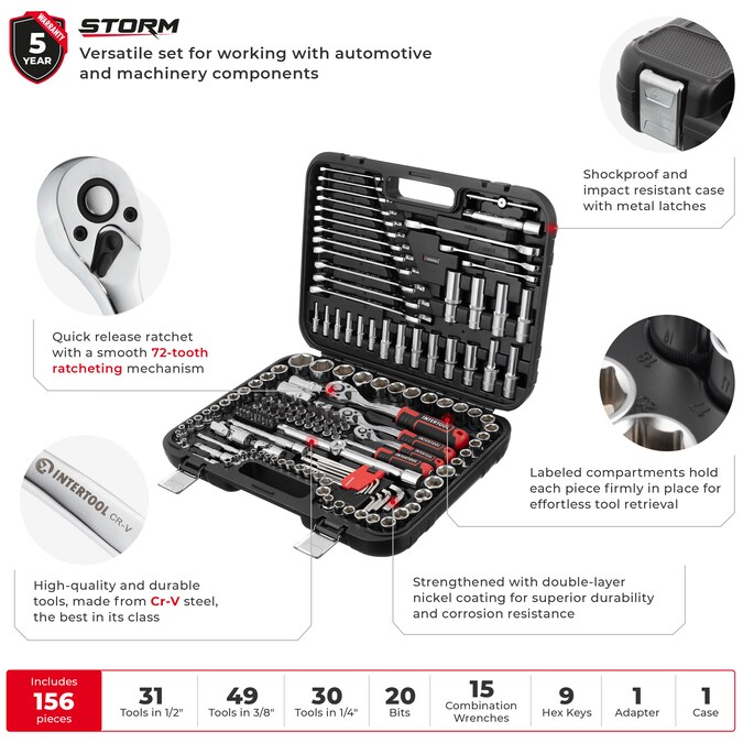 INTERTOOL 156-Piece Metric Chrome Mechanics Tool Set with Hard Case - Image 2