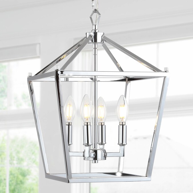 JONATHAN  Y Pagoda 12" Metal Classic Traditional 4-Light Chrome Farmhouse Lantern LED Medium Hanging Kitchen Island Light