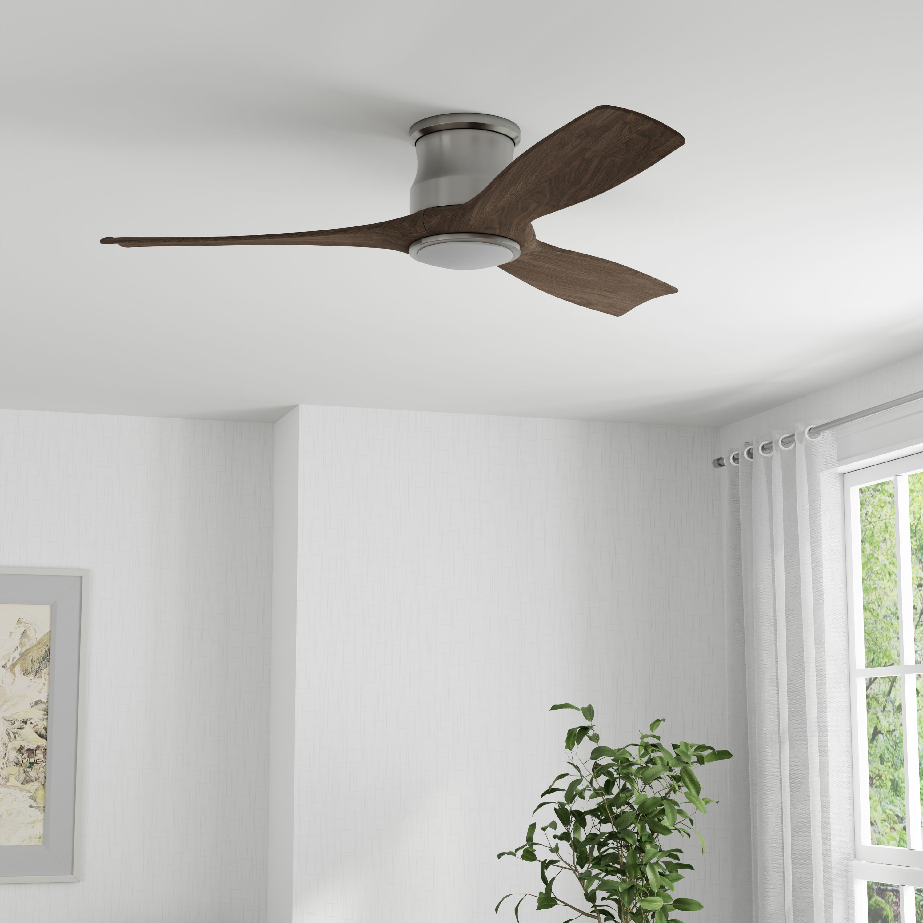 Brayard 52-in Color-Changing Flush Mount Brushed Nickel with Oak Blades Propeller Ceiling Fan With Light - Remote Included ( 3 -Blade )