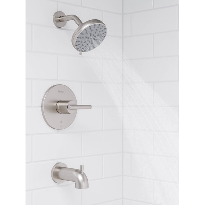 Pfister Zeelan Spot Defense Brushed Nickel 1-handle Multi-function Round Bathtub and Shower Faucet Valve Included - Image 10