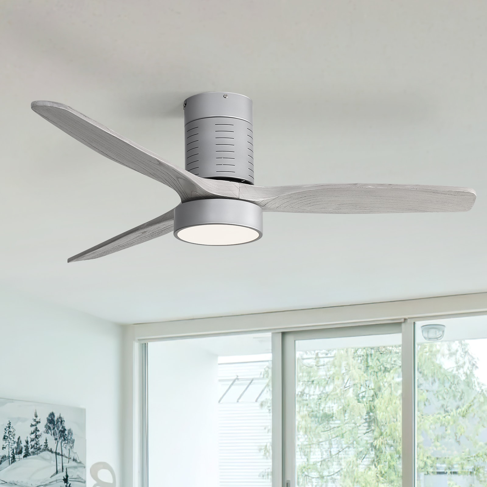 Nicola 52-in Integrated LED Flush Mount Gray with Gray Blades Propeller Ceiling Fan With Light and Remote ( 3 -Blade )