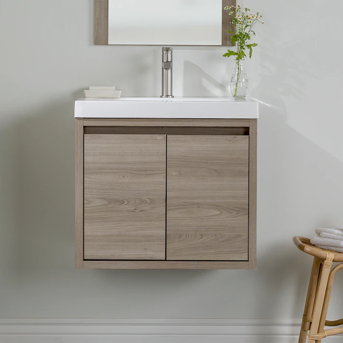 Diamond NOW Hollis 24-in Forest Elm Brown Woodgrain Single Sink Floating Bathroom Vanity with White Cultured Marble Top