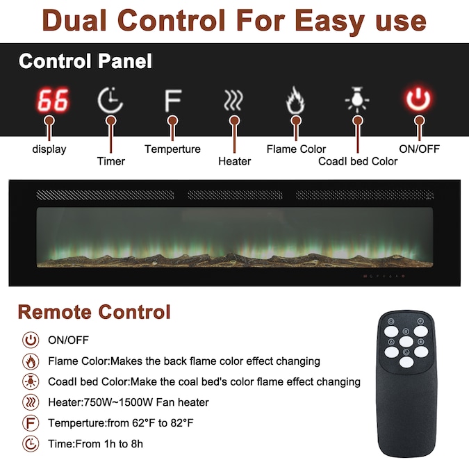 Mondawe 72-in W Black Fan-forced Wall-mount Electric Fireplace with Remote Control Included - Image 2