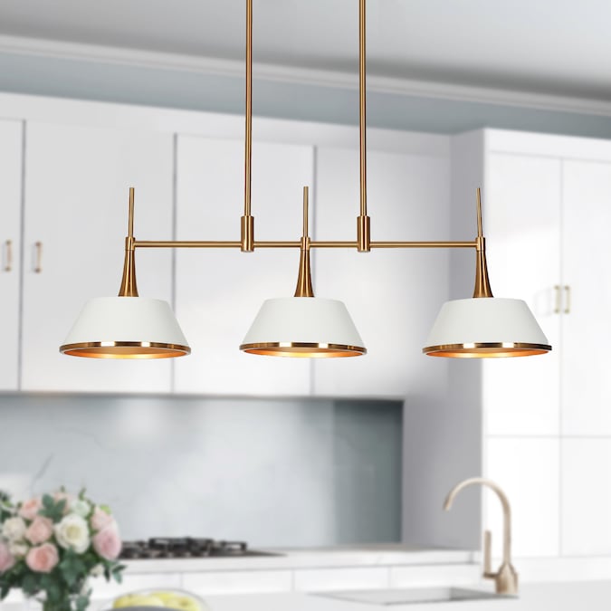 LNC Idaikos 3-Light 34.5'' Polished Gold and White Modern/Contemporary Linear LED Large Hanging Kitchen Island Light