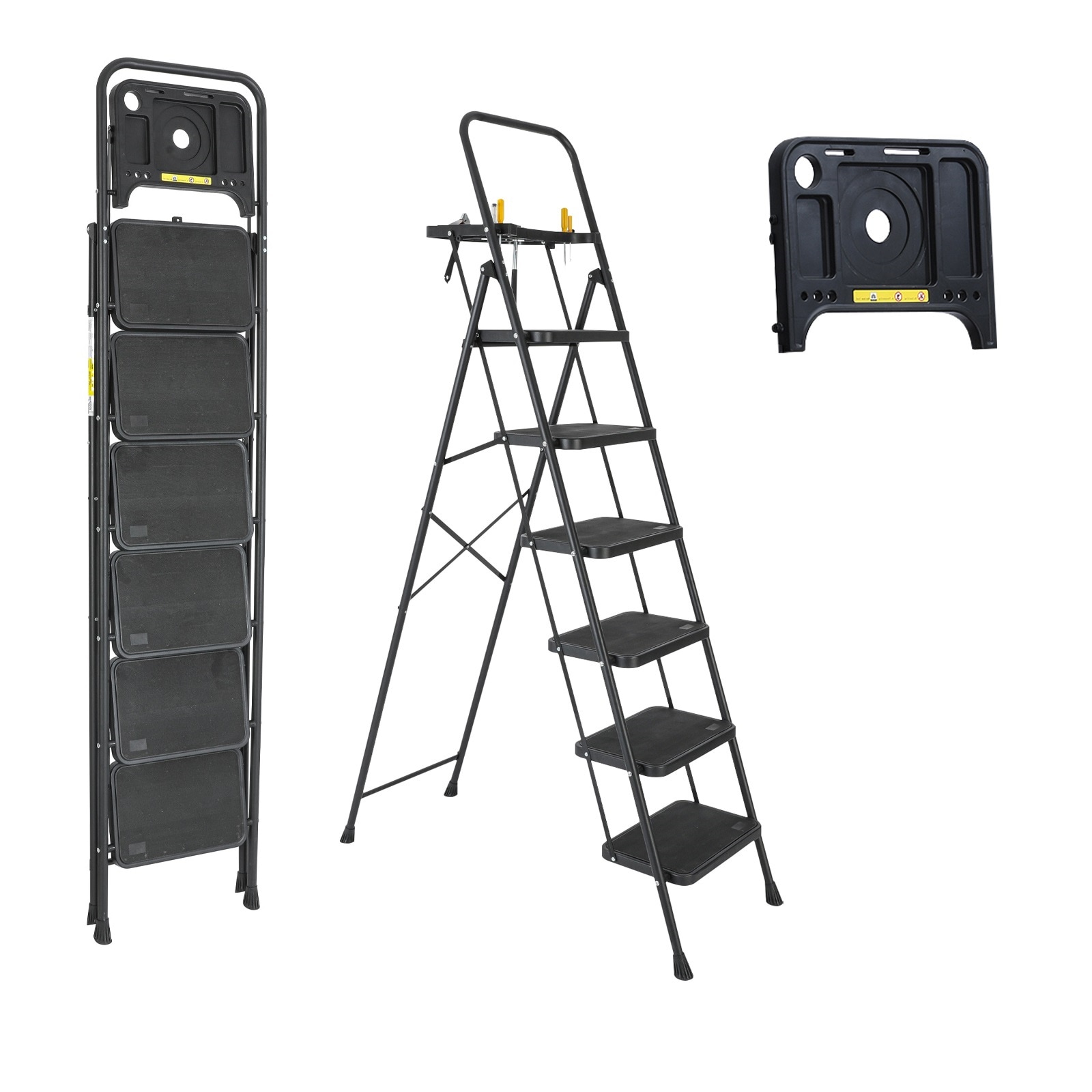 6 Step Ladder 6 -Step 550-lb Capacity Black Steel Foldable Step Stool