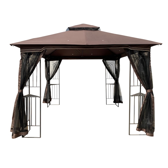 Clihome 10-ft x 10-ft Patio Gazebo Canopy Square Brown Metal Polyester Roof Semi-permanent Gazebo with Screen Included