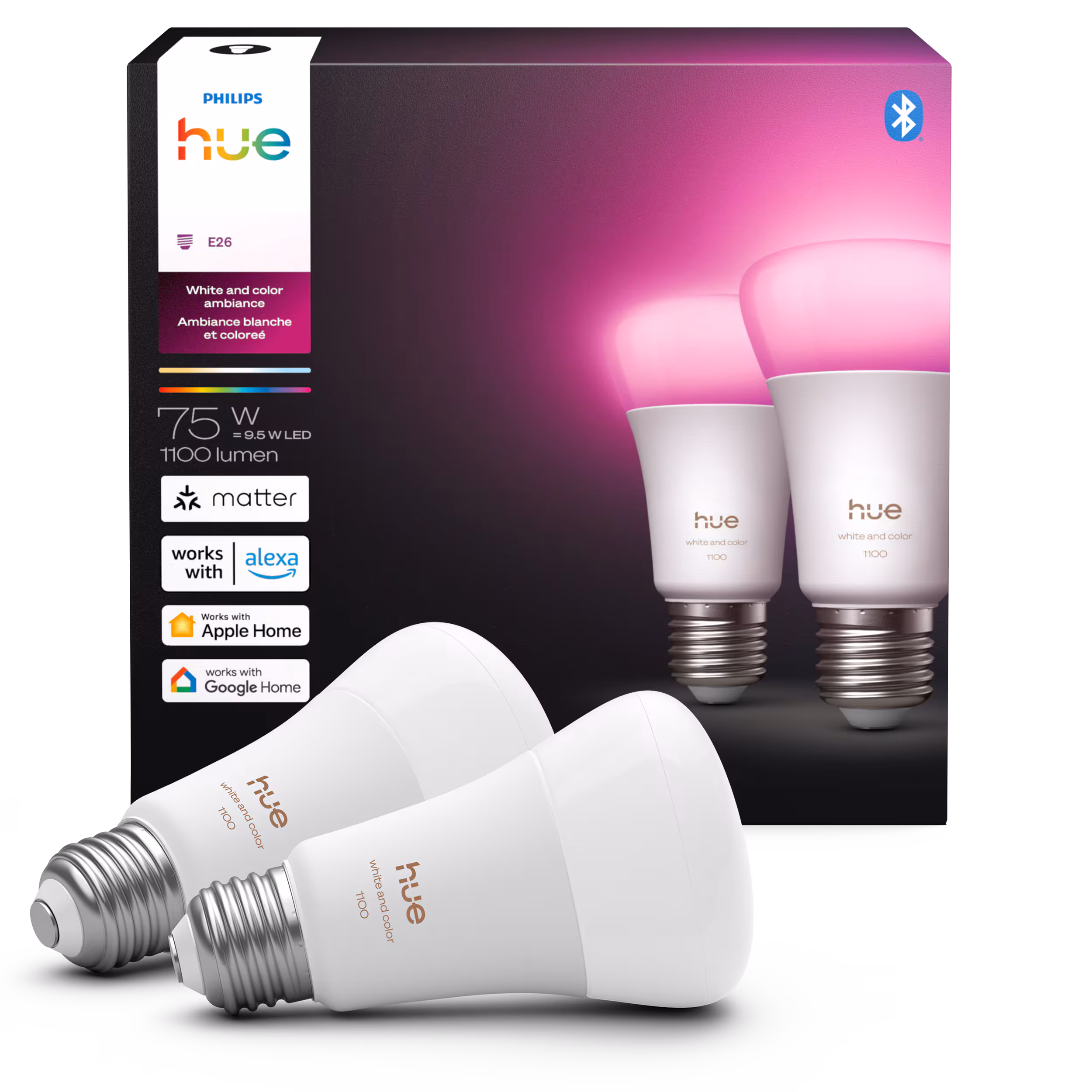 Philips - Hue A19 Bluetooth 75W Smart LED Bulb (2-Pack) - White and Color Ambiance