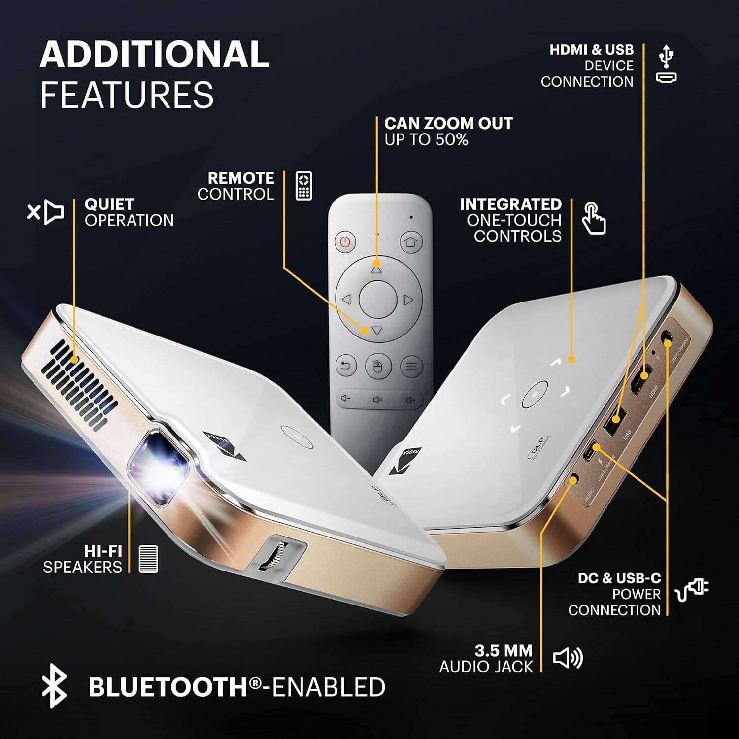 Kodak - Luma 400 Portable HD Smart Pico Projector, Wi-Fi, Bluetooth, HDMI & USB Small Mini Home Theater System Up to 150” - White - Image 6