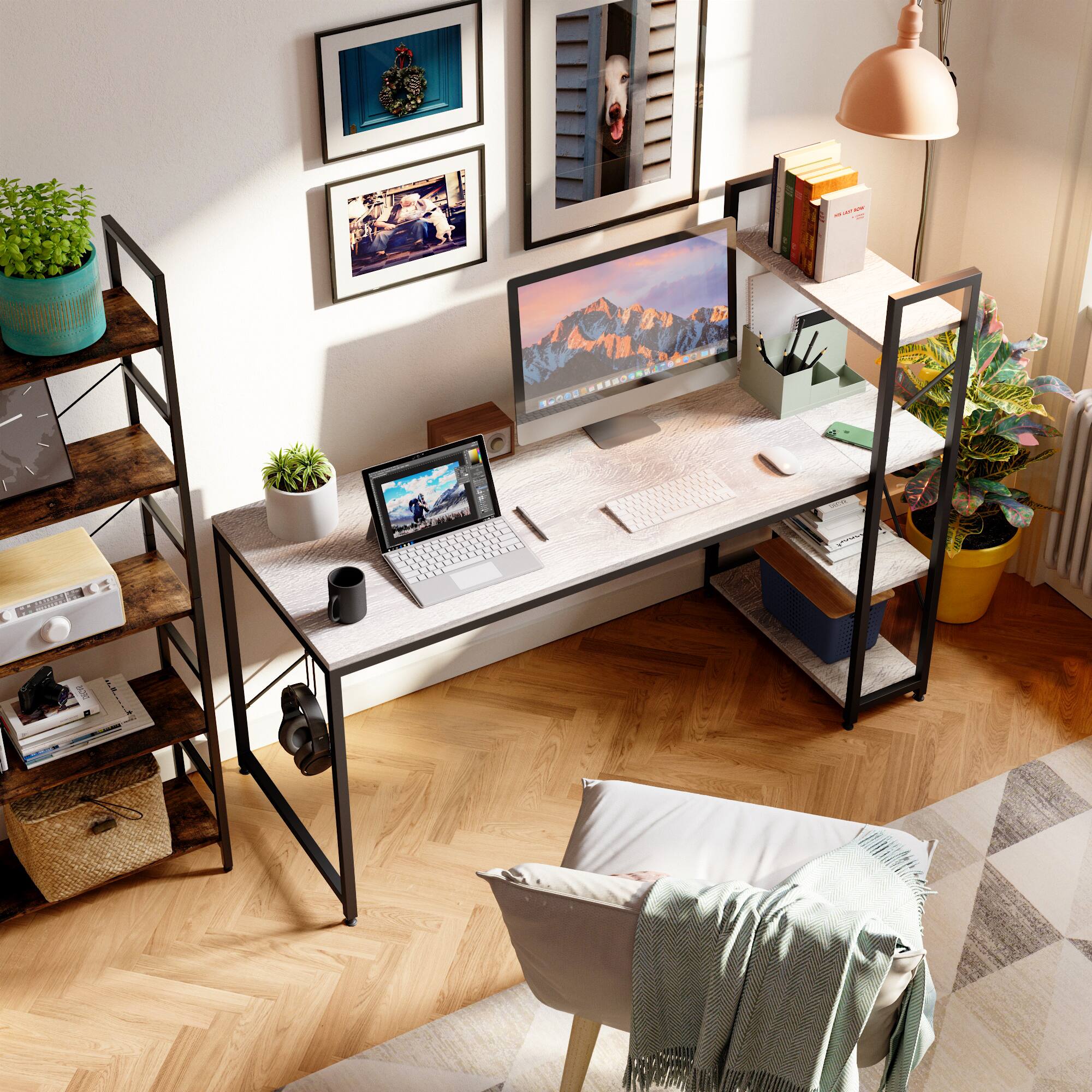 Bestier - Computer Desk with Reversible Bookshelf - Gray - Image 2