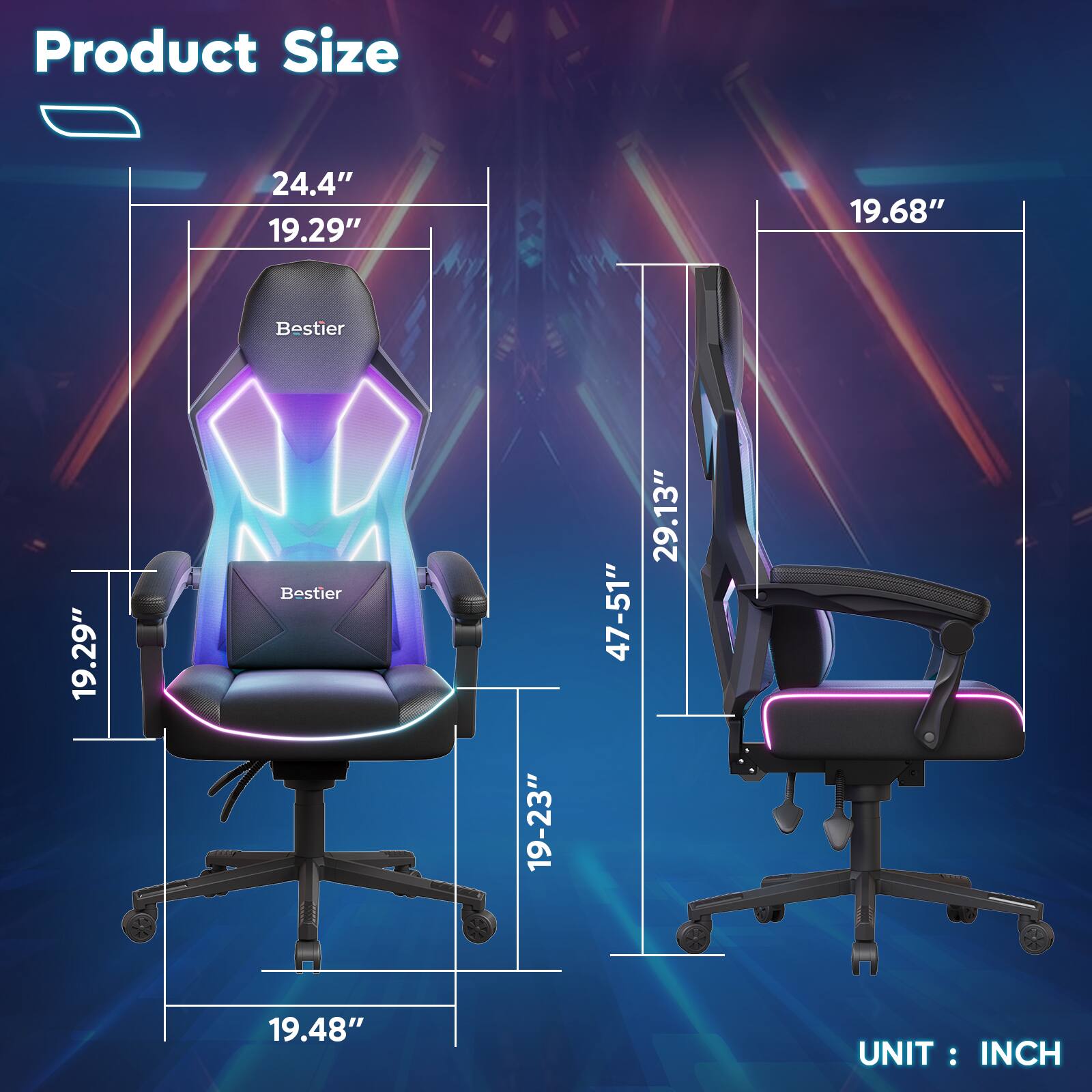 Bestier - RGB Gaming Chair with LED Lights Ergonomic Spring Cushion & Breathable Mesh Back - Black - Image 6