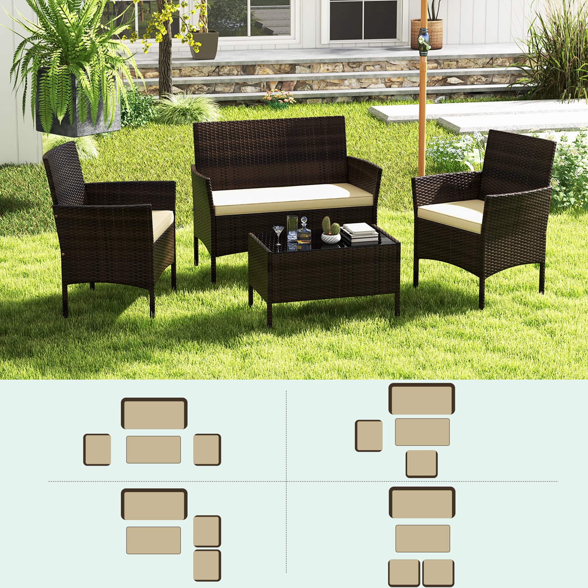 Costway - 4 PCS Patio Furniture Set with Washable Cushions and Tempered Glass Coffee Table - Beige + Mix Brown - Image 9