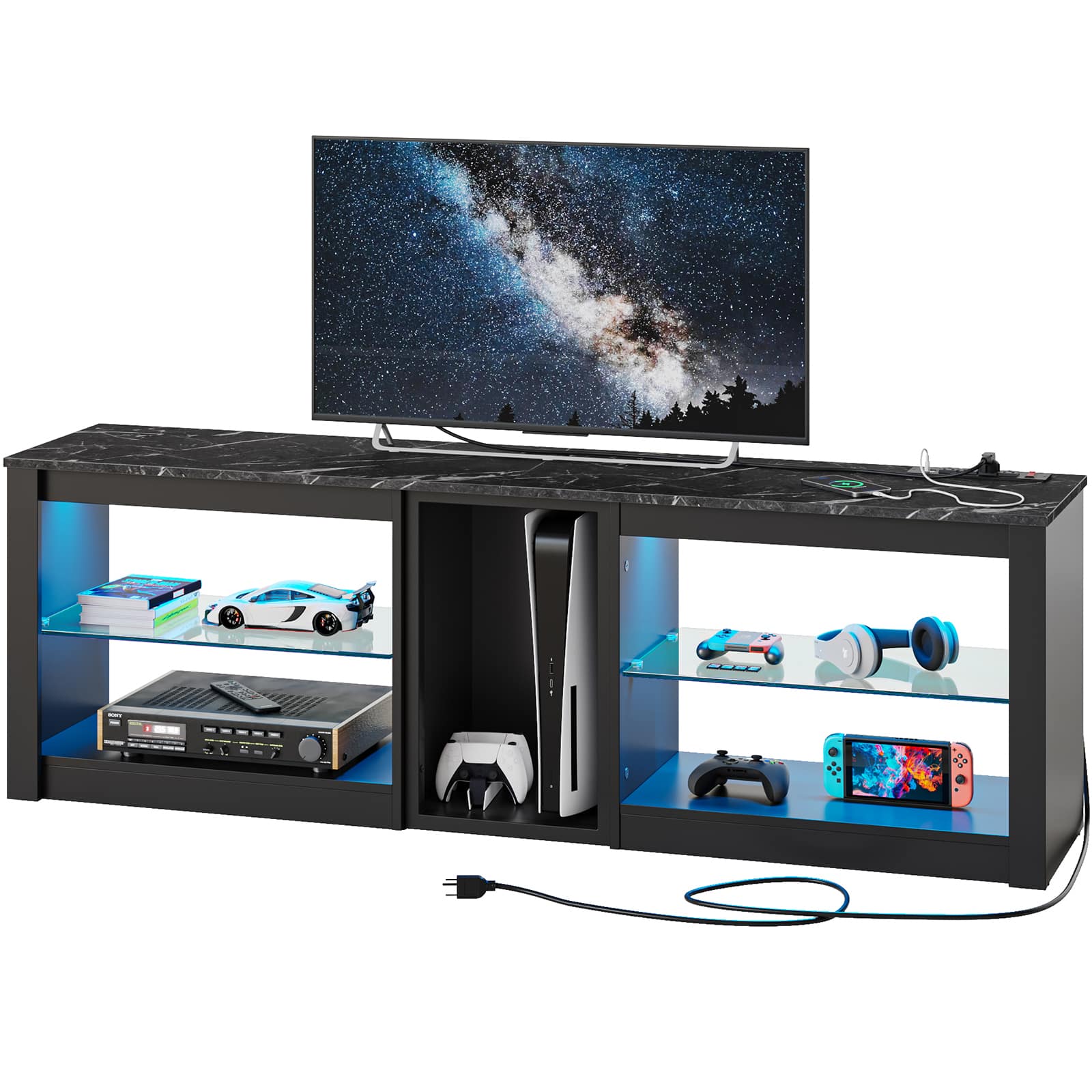 Bestier - 63" Gaming Entertainment Center with LED Lighting, Cabinet, and Shelves for TVs up to 70" - Black - Image 2
