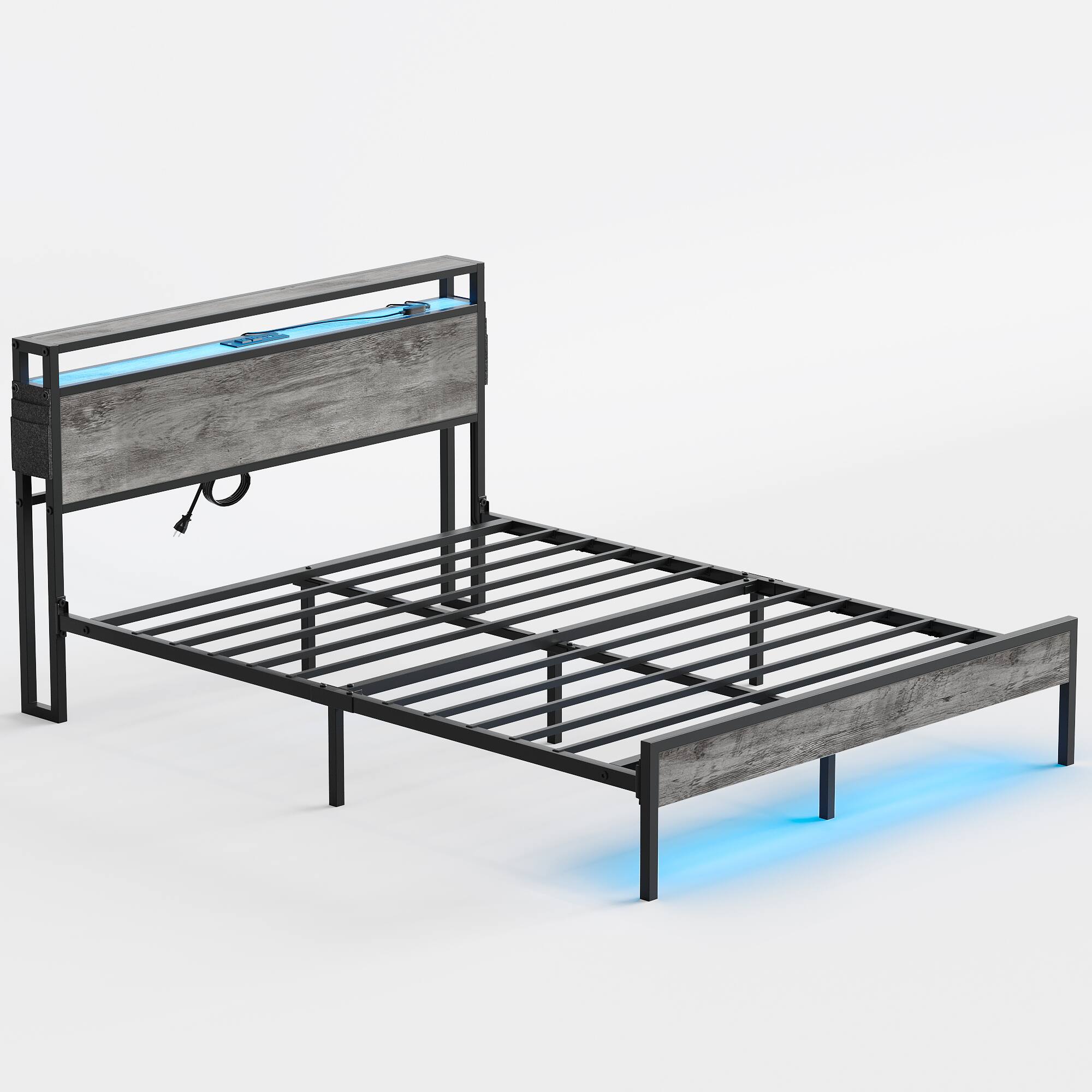Bestier - Queen Size Bed Frame Platform Bed with Storage Headboard LED Lights and Charging Station - Gray - Image 3