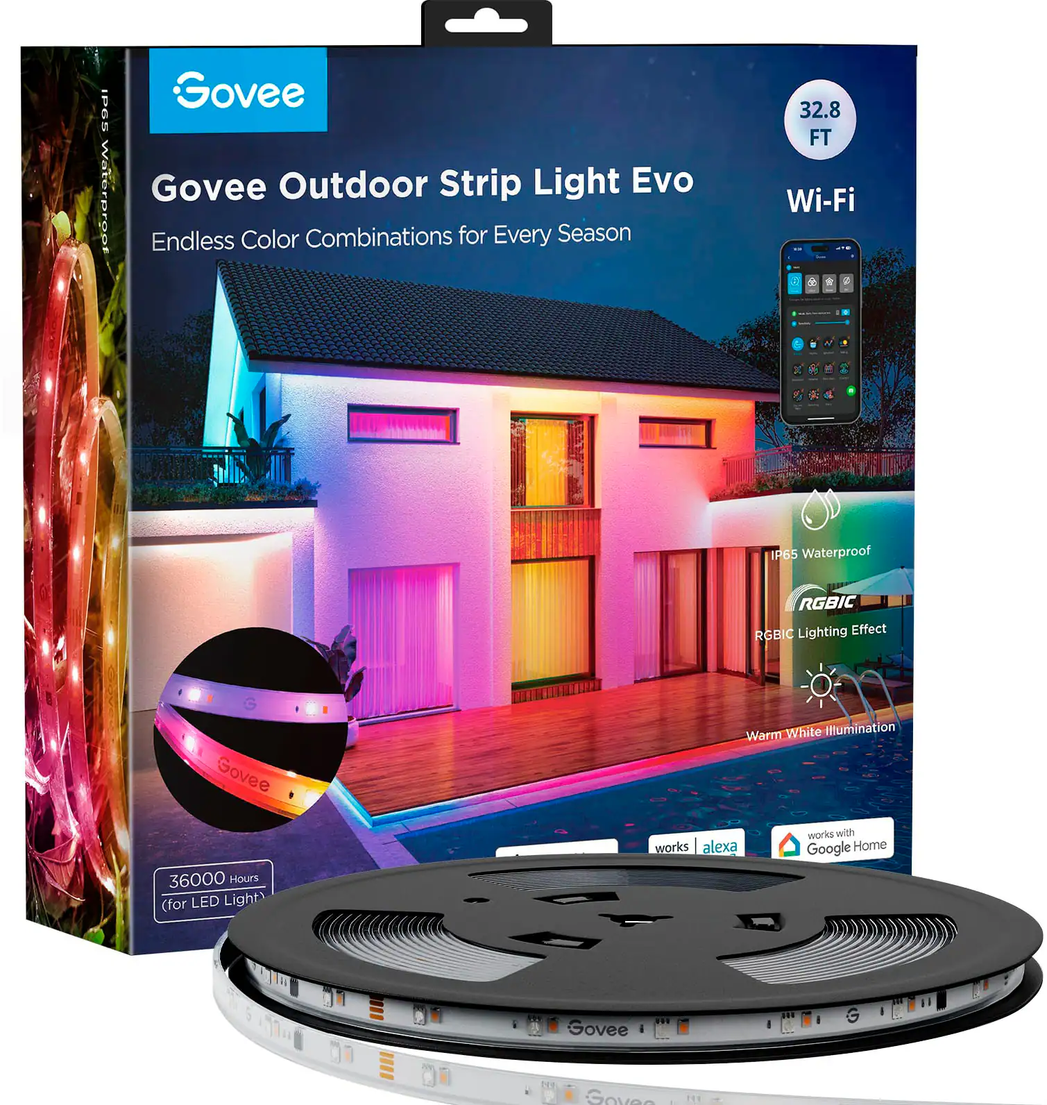 Govee - Wi-Fi Bluetooth Smart Outdoor LED Strip Light 32ft - Multi