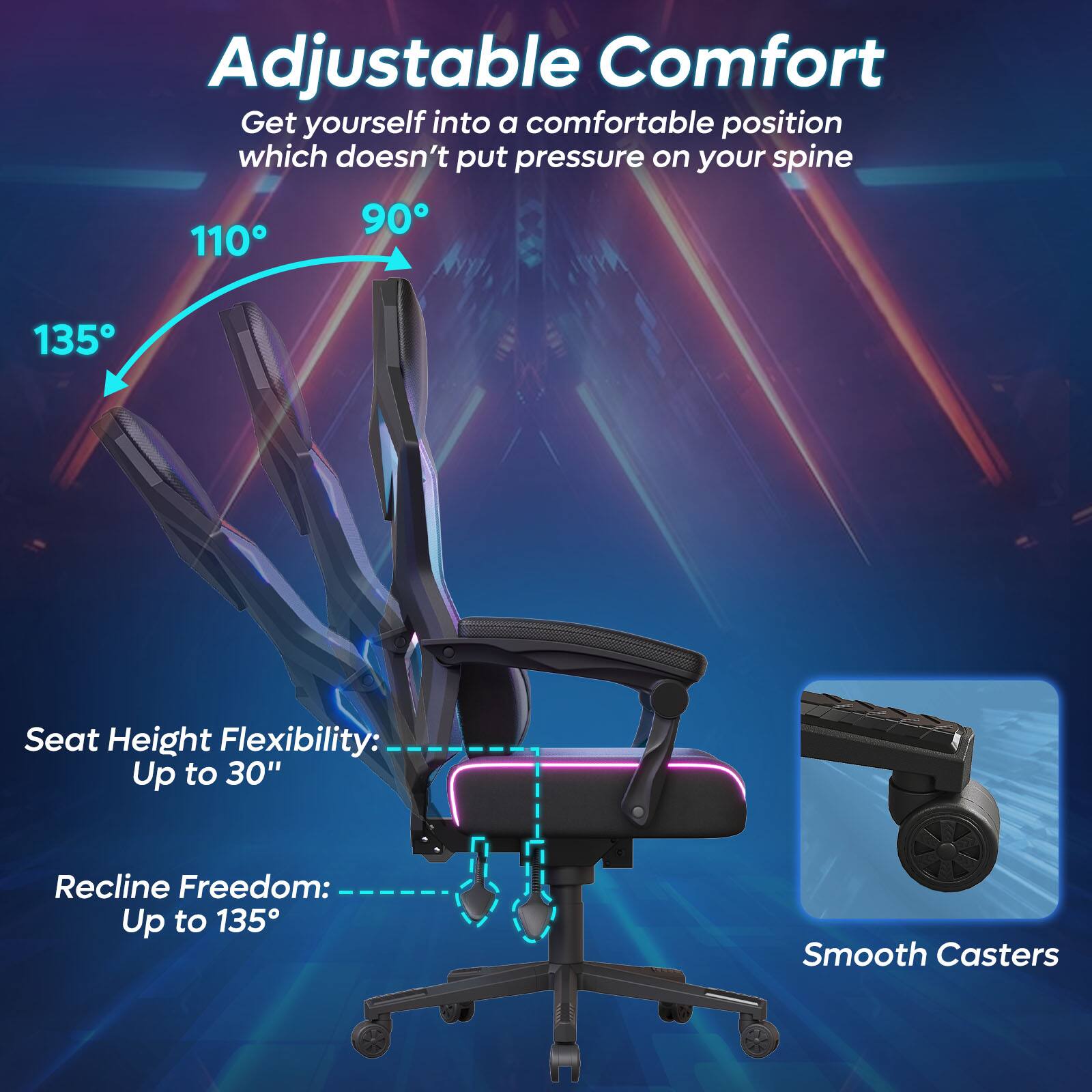 Bestier - RGB Gaming Chair with LED Lights Ergonomic Spring Cushion & Breathable Mesh Back - Black - Image 7