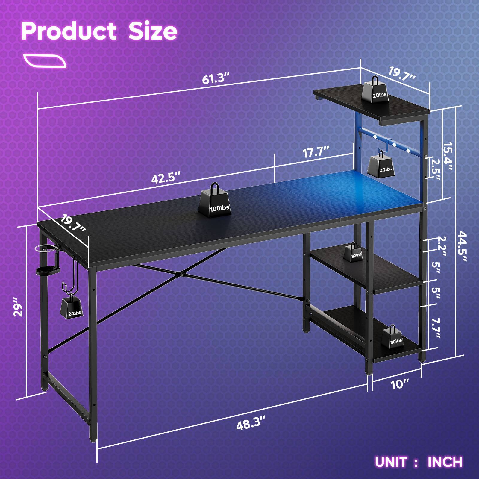 Bestier - 61 Inch RGB Gaming Desk with LED Lights & Storage Shelf - Ergonomic Computer Desk - Black - Image 6