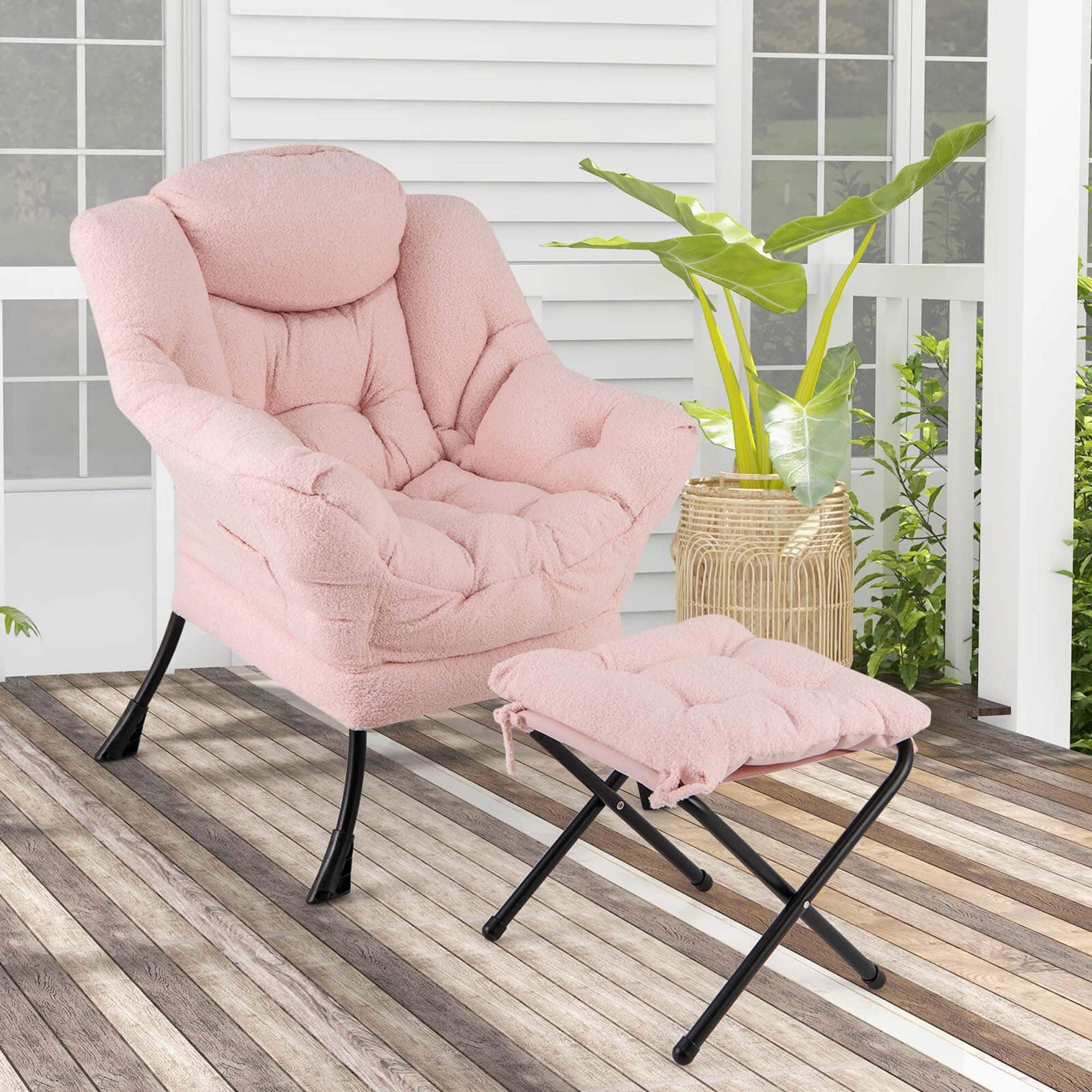 Costway - Lazy Leisure Armchair with Folding Footrest and Storage Pocket - Pink - Image 2