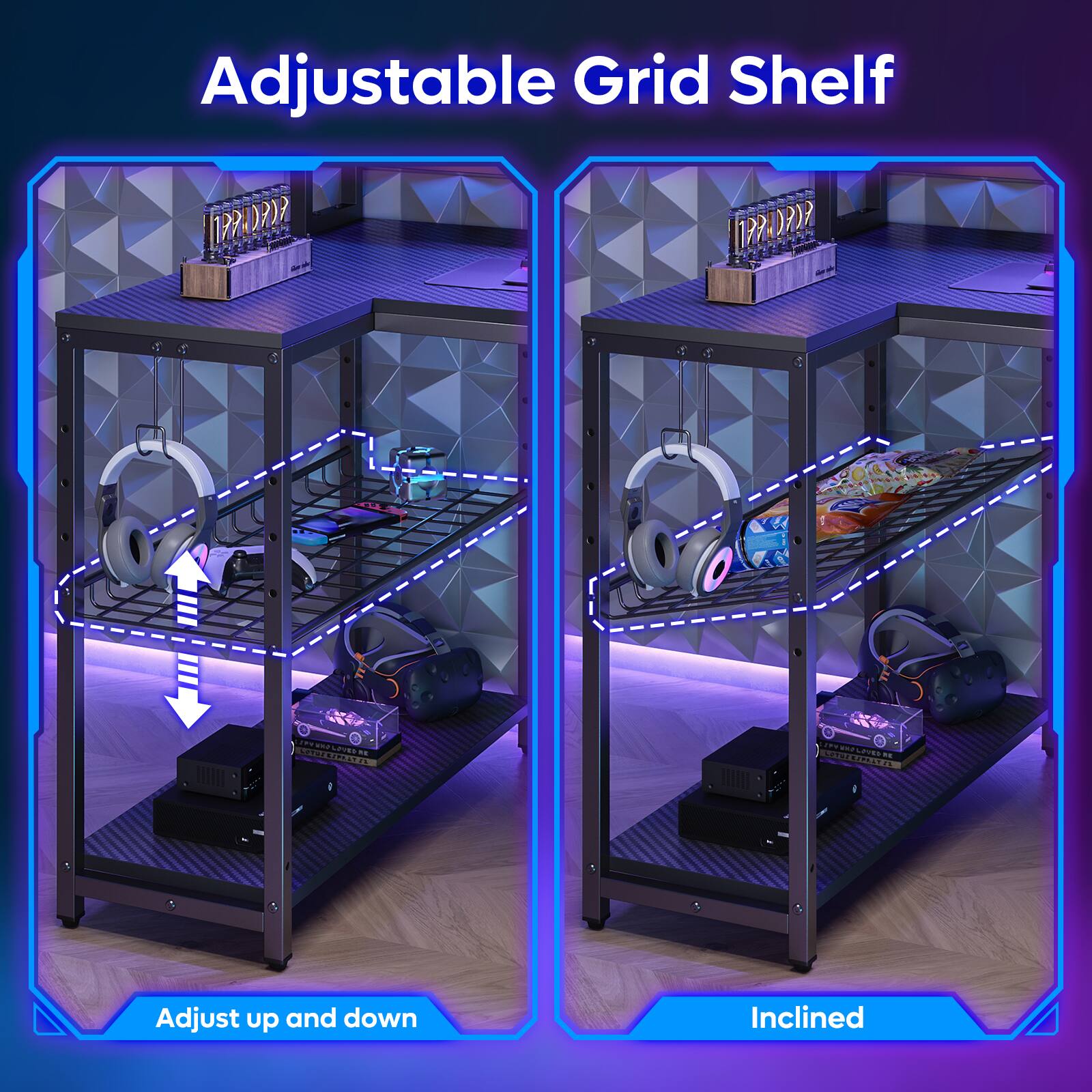 Bestier - 71.5" LED Gaming Desk with Hutch featuring a Computer Desk with Power Outlet and Monitor Stand - Black - Image 5