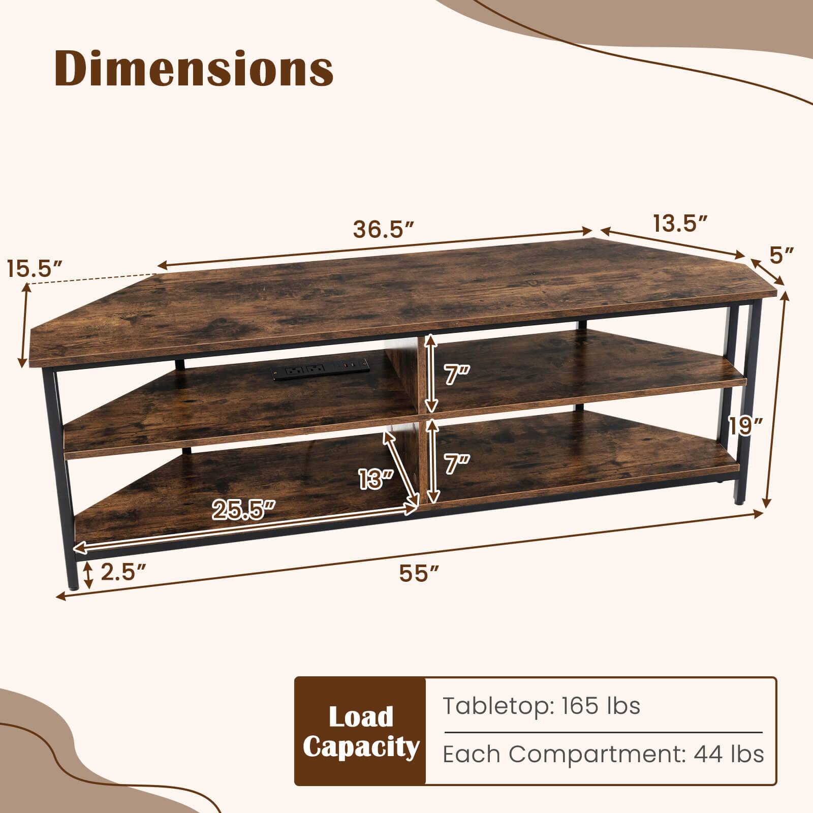 Costway - Corner TV Stand for TVs up to 65" TV Console Table with AC Outlets&USB A Ports - Rustic Brown - Image 3