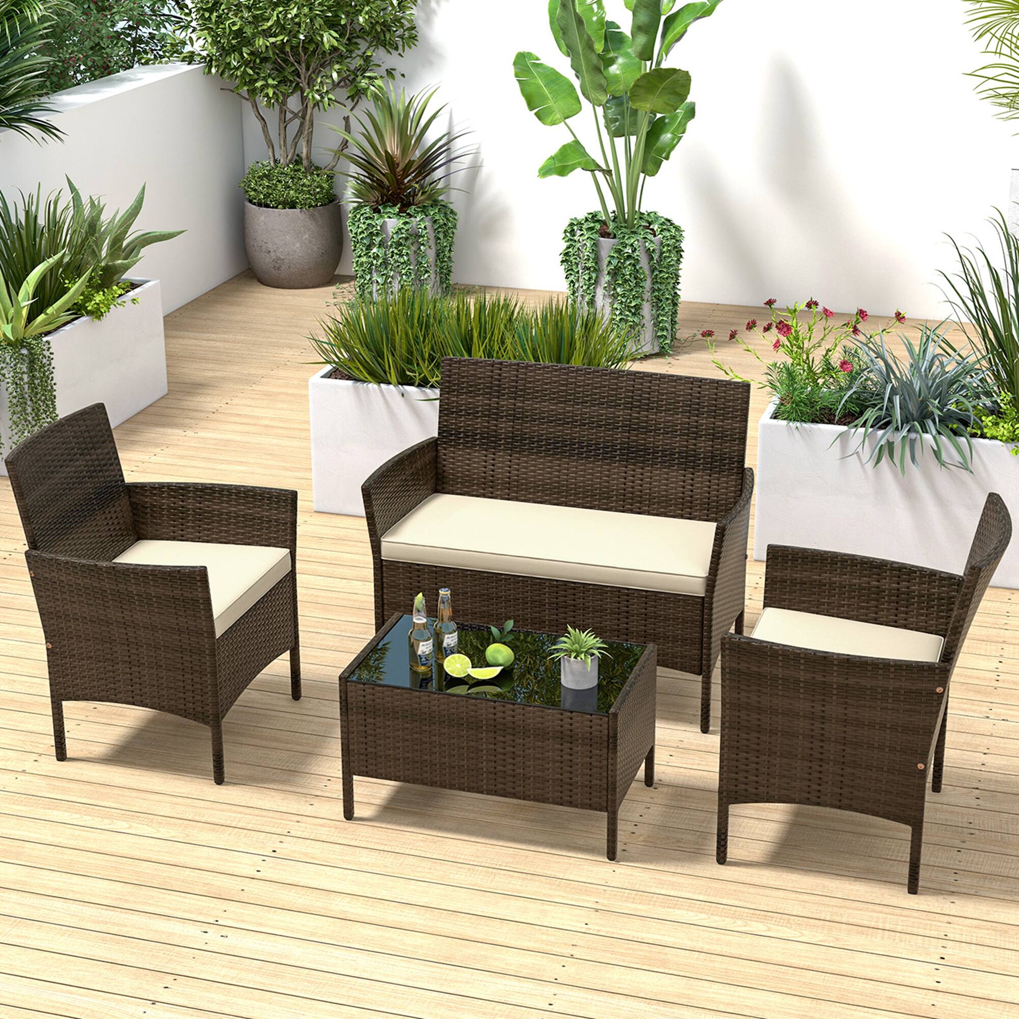 Costway - 4 PCS Patio Furniture Set with Washable Cushions and Tempered Glass Coffee Table - Beige + Mix Brown - Image 3