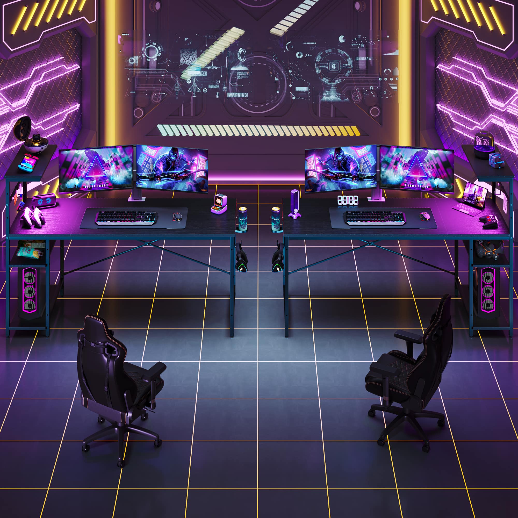 Bestier - 61 Inch RGB Gaming Desk with LED Lights & Storage Shelf - Ergonomic Computer Desk - Black - Image 2