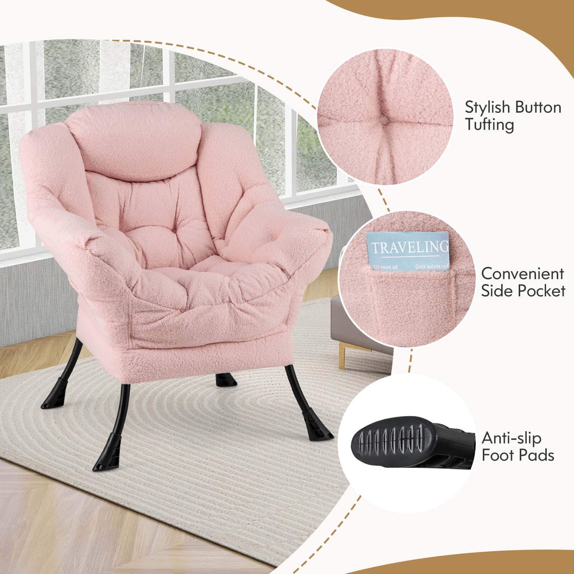 Costway - Lazy Leisure Armchair with Folding Footrest and Storage Pocket - Pink - Image 6