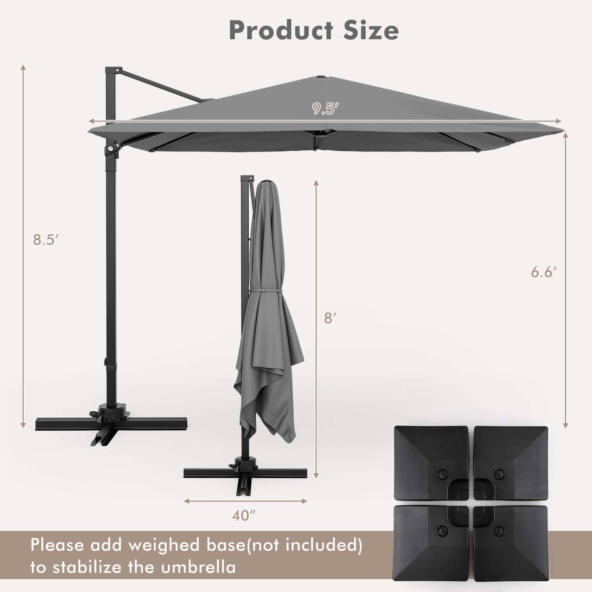Costway - Patio 9.5FT Square Cantilever Offset Hanging Umbrella 2-Tier 360° Outdoor - Gray - Image 3